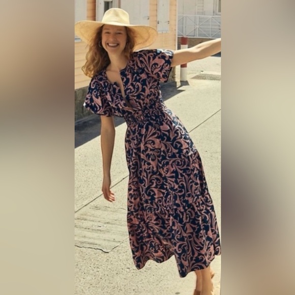 Anthropologie Somerset Navy and Pink Patterned Classic Maxi Dress - Picture 3 of 7